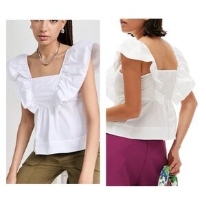 Ganni White Ruffle Sleeve Top